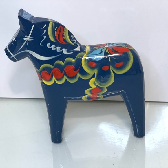 Nils Olsson Blue Dala Wood Swedish Horse 7” Inch Carved Hand Painted Vintage - Picture 3 of 16